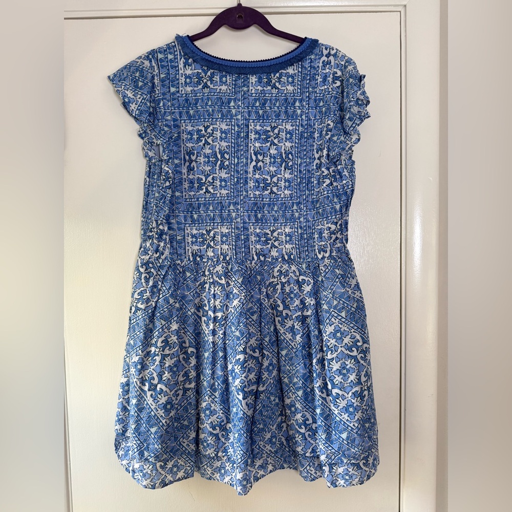 Vineyard Vines Cay Scarf Print Short Sleeve Fringe Dress Blue White Large - Picture 9 of 9